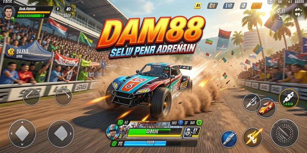 Screenshot dari gameplay <strong>DAM88</strong> menunjukkan balapan yang intens di trek yang menantang.