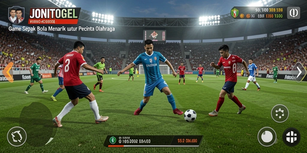 Tampilan gameplay <strong>JONITOGEL</strong> dengan atmosfer pertandingan sepak bola yang mendebarkan.