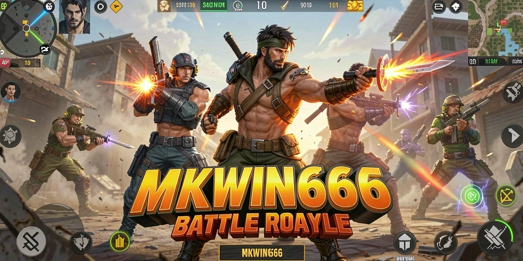 Screenshot gameplay MKWIN666 menunjukkan aksi bertarung seru di arena Battle Royale.